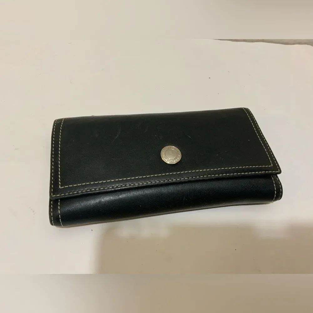 COACH Black Leather Trifold Wallet Clutch Button Snap 4”x8”